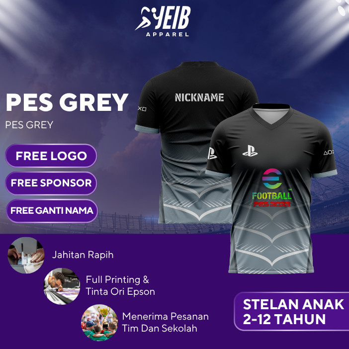 KIDS EFOOTBALL JERSEY PES GREY FULL PRINTING PRO EVOLUTION SOCCER JERSEY ฟรี NAPUNG, โลโก้, SPONSOR