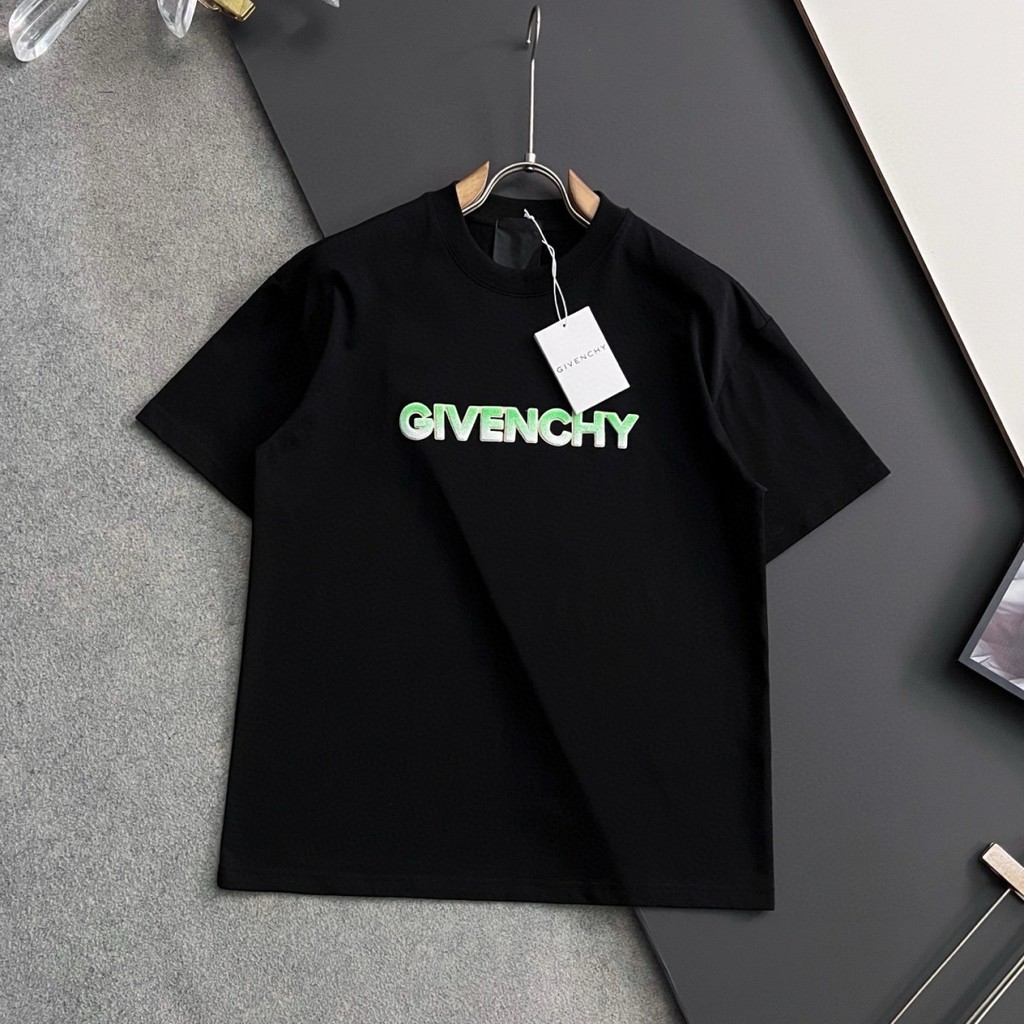 ZQ7X Given ผู้ชาย 310g ผ้าฝ้ายบริสุทธิ์แปรงสีฟันทรายคู่ปักตัวอักษร LG รอบคอเสื้อสวมหัวแขนสั้นเสื้อยื