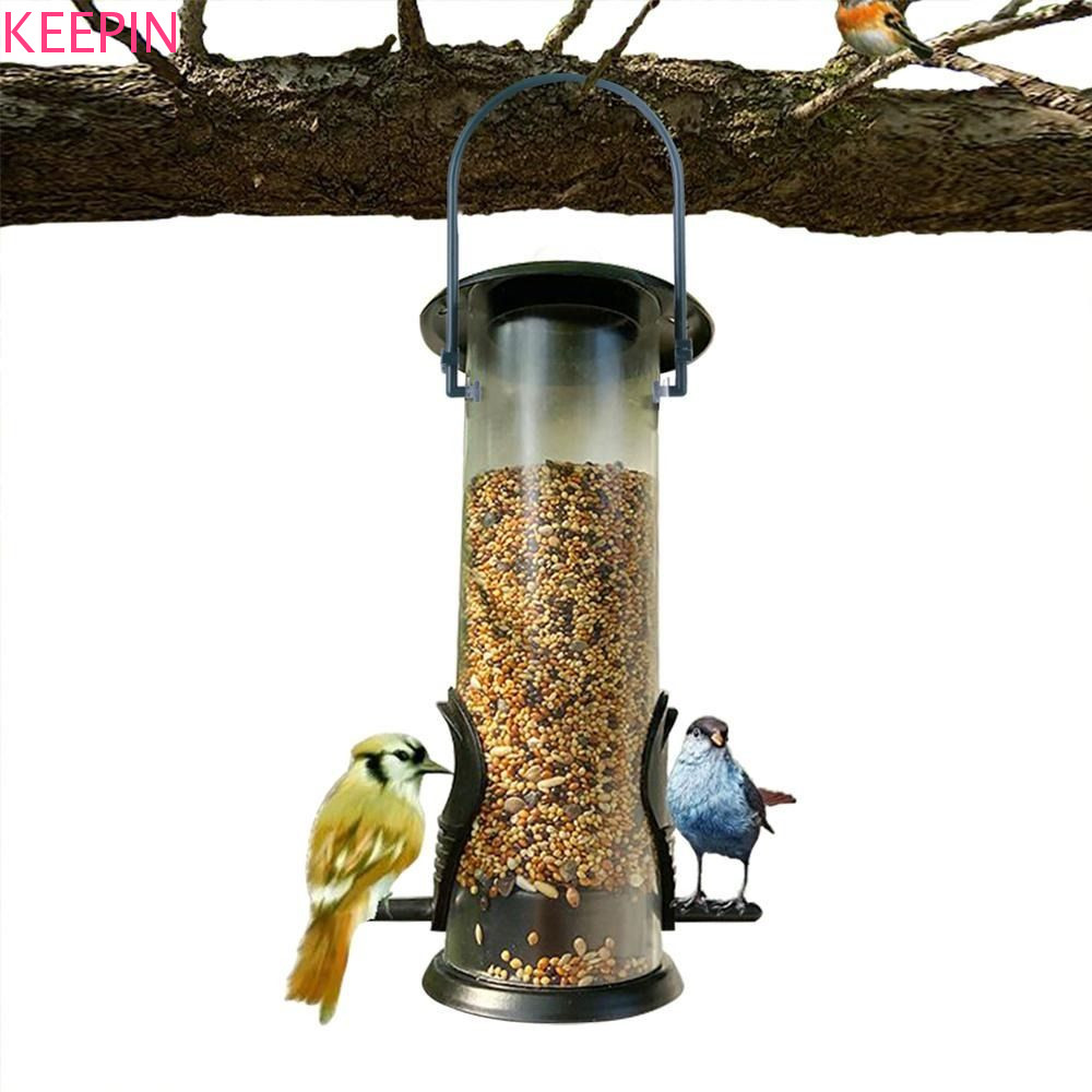KEEPIN Bird Feeder Outdoors ทรงกระบอกทนทานสวนพลาสติกแขวนกล่องอาหารนก