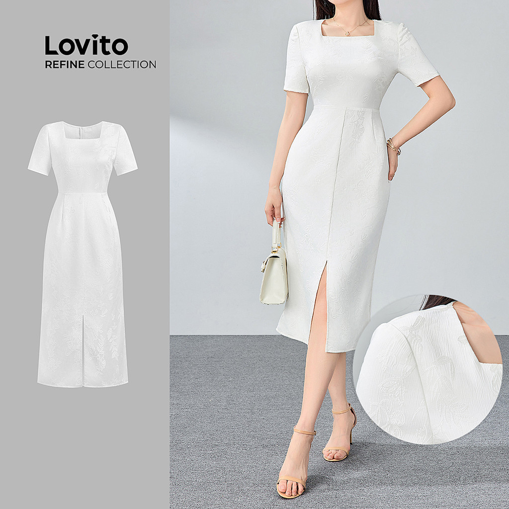 R11-JUN25-E เดรสทรงตรงคอเหลี่ยมลายทอมีช่องผ่า-DRR11P1D090