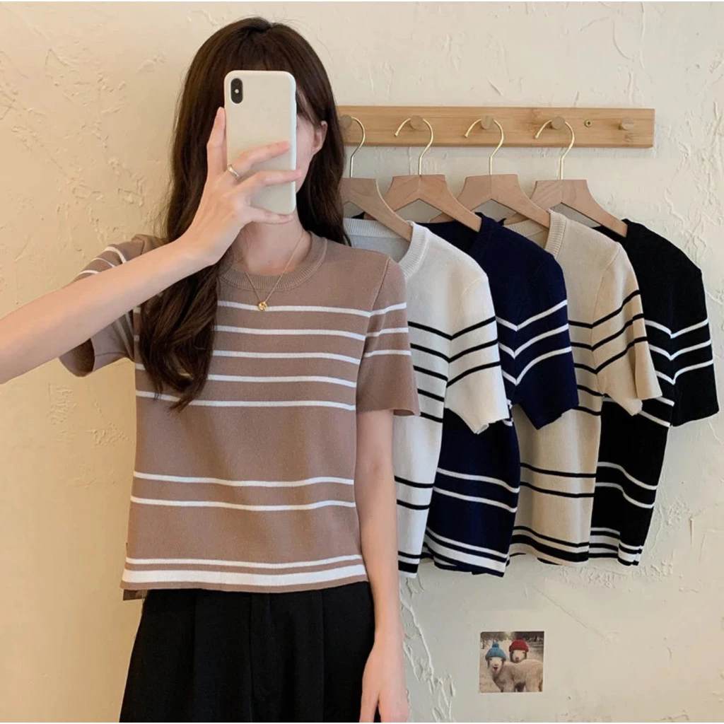 👕🌈 MKL 🌈👕 เสื้อไหมพรม Free size คอกลม ลายขวาง ผ้าใส่สบายยืดหยุ่นได้ดี สไตล์เกาหลี 💗✨ #B32