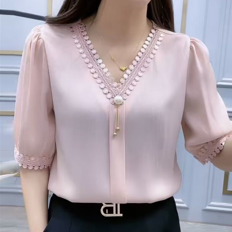 ฤดูร้อนสบายๆผ้าไหมน้ําแข็งชีฟองกลางแขนเสื้อยืด,คอวีเลดี้ไลค์เสื้อลําลองสื่อสาร