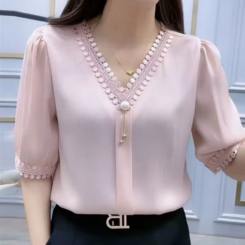 ฤดูร้อนสบายๆผ้าไหมน้ําแข็งชีฟองกลางแขนเสื้อยืด,คอวีเลดี้ไลค์เสื้อลําลองสื่อสาร
