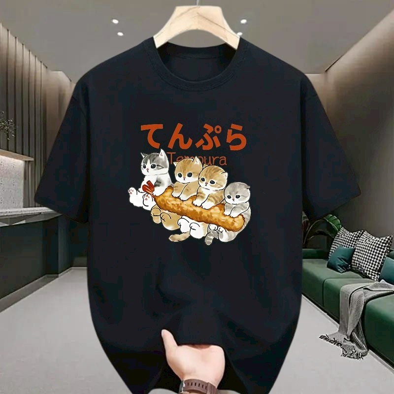 เสื้อยืดคอกลม-แขนสั้น สไตล์ญี่ปุ่นผู้หญิง เสื้อลายแมว เสื้อน่ารักสวยๆ oversize t shirt สีขาว-สีดำ