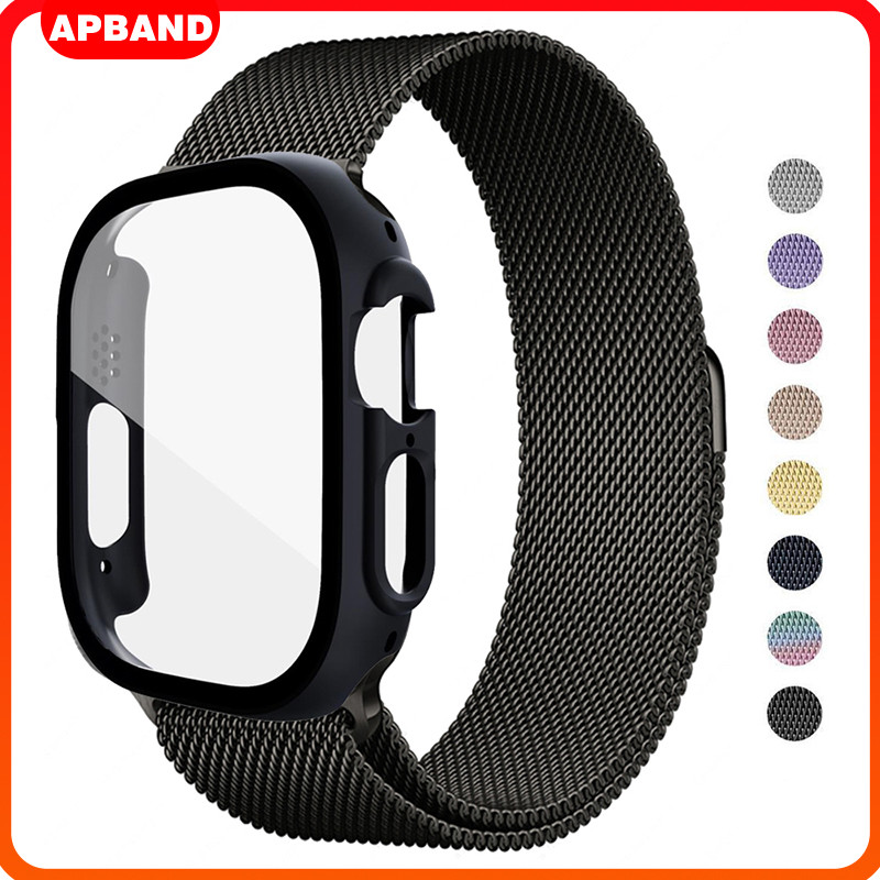 นาฬิกาข้อมือกระจกนิรภัยพร้อมสายรัดโลหะแม่เหล็ก Smart Watch 45 41 44 40 38 42มม. SE Ultra 3 2 Series 11 10 9 5-Se-6