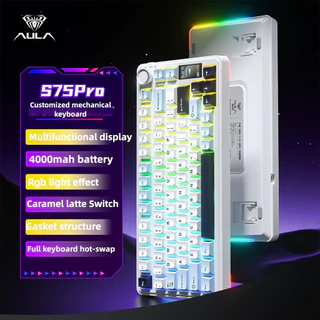 AULA S75Pro บลูทูธแบบมีสายไร้สายสามโหมดดิจิตอลจอแสดงผลคีย์บอร์ด RGB Hot-swap สํานักงาน E-sports คีย์บอร์ดเกม Universal สีชมพู