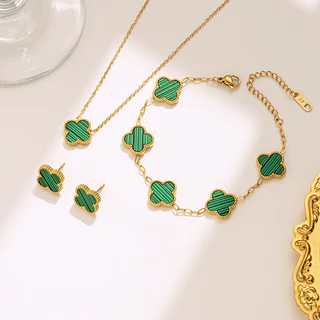 สร้อยคอ สร้อยข้อมือ ต่างหู ชุดใบสี่แฉกทอง 18K สำหรับผู้หญิง ขนาด 13มม. ของขวัญแฟนสาว