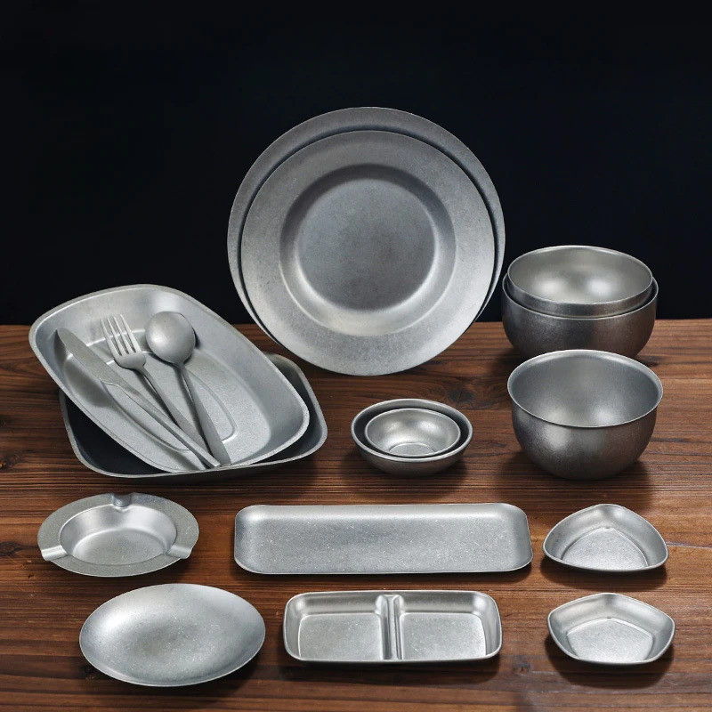 Retro Cutlery Set Plates Dinnerware Bowls Dining Plates Stainless Steel Western Food Plates French R