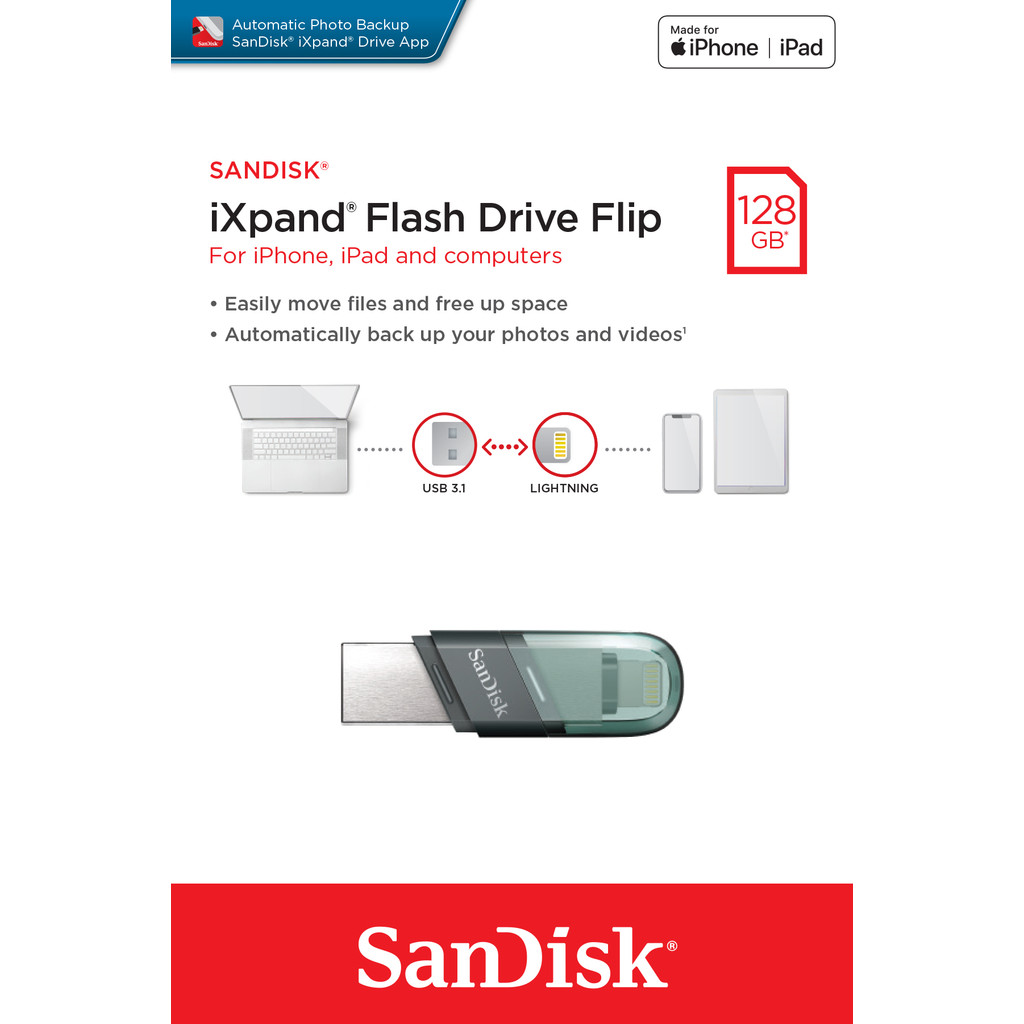 SANDISK แฟลชไดร์ฟ OTG iXpandFLIP 128GB (Lightning USB 3.1) Flashdrive โทรศัพท์ notebook แท็บเล็ต แท้