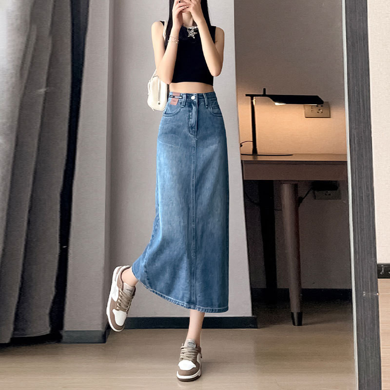 กระโปรงยีนส์เอวสูงแบบ Retro ดีไซน์ A-line พร้อมซิปเปิดข้างสำหรับแฟชันในฤดูร้อน