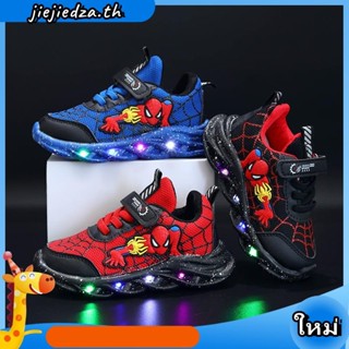 SUGE รองเท้าสไปเดอร์แมน  องเท้าผ้าใบเด็กมีไฟ