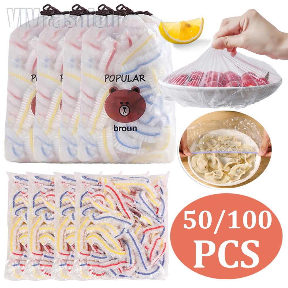 50/100ชิ้นที่มีสีสันถุงพลาสติกยืดหยุ่น-ครัวอาหารยืดการจัดเก็บปก-ทิ้งอาหารสดเก็บฟิล์ม-สําหรับผักผลไม้ห่อ