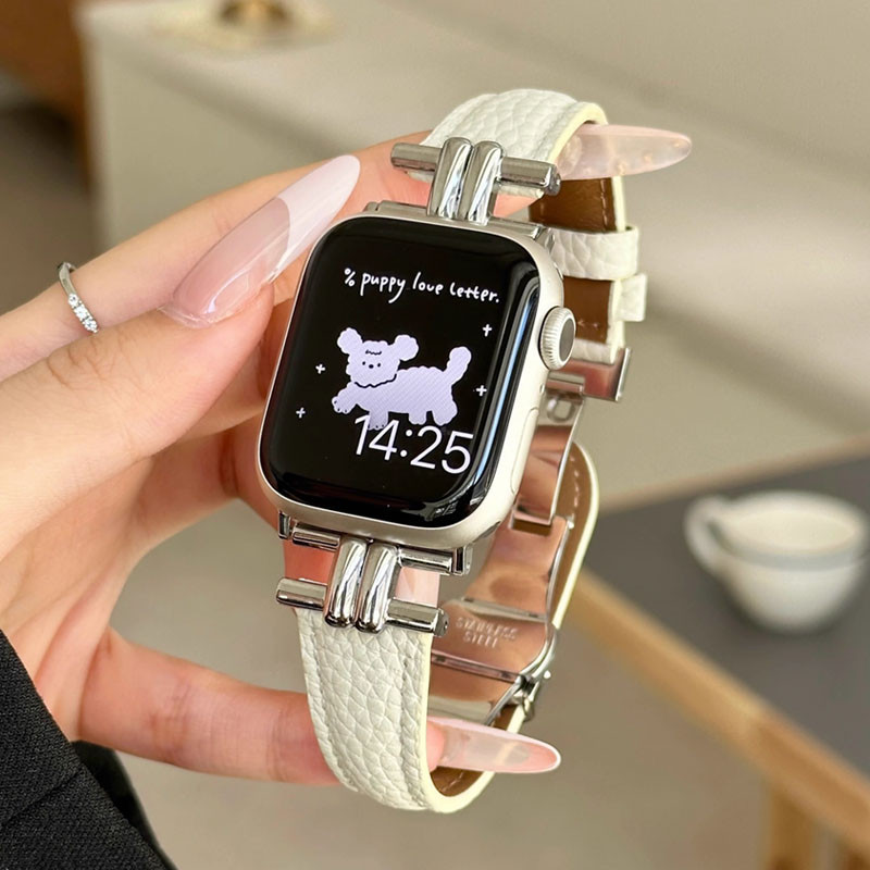 NiSTAR ลายลิ้นจี่หนังพับหัวเข็มขัดโลหะสําหรับ Apple watch Ultra 2 S10 9 8 7 6 SE 5 4 3 2 1,แฟชั่น smart watch สายรัดข้อมือสําหรับ 49/46/45/44/42 มม.41 มม.40 มม.38 มม.