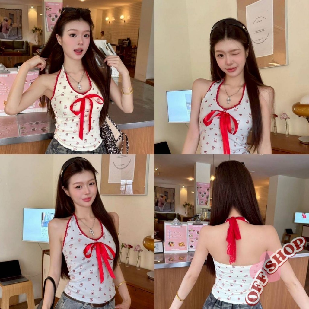 OFF SHOP 🥻ใหม่ 2025 เสื้อคล้องคอ ลายการ์ตูน สีพื้น ยืดพอดีตัว เสื้อแฟชั่นผู้หญิง' FY1849