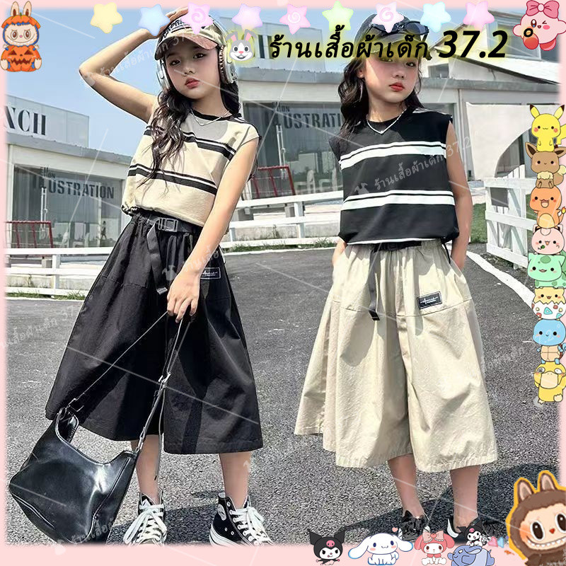 สาวใหญ่ฤดูร้อนชุดกางเกงขากว้าง2025 สไตล์ใหม่ 130 ขนาด-170 ขนาดสไตล์ตะวันตกเด็กเกาหลีรุ่นฤดูร้อนเสื้อผ้าสาวกลางเด็กใหญ่ชุดสองชิ้นอินเทรนด