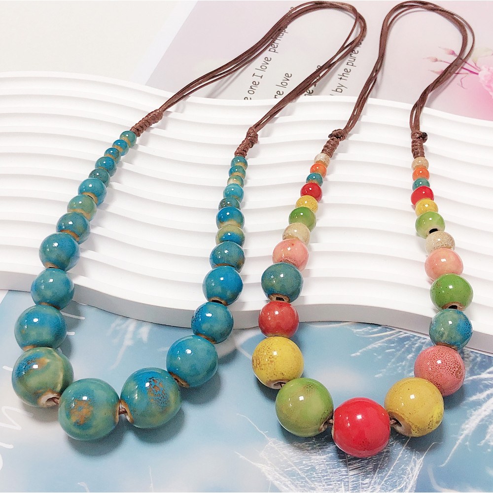 Bohemian สีสันเซรามิคสร้อยคอลูกปัดใหม่จีน Retro ชาติพันธุ์ All-Match อุปกรณ์เสริมกันหนาว