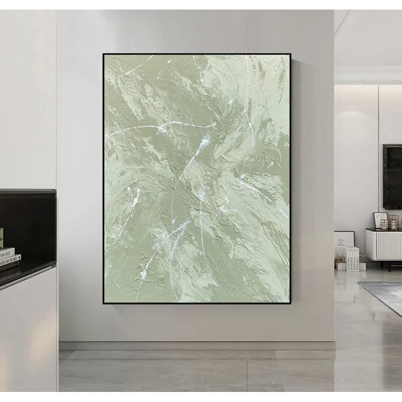 Brand Mhemyo Green Abstract Handmade Painting Green White Minimalist Textured Painting Wall Art Home