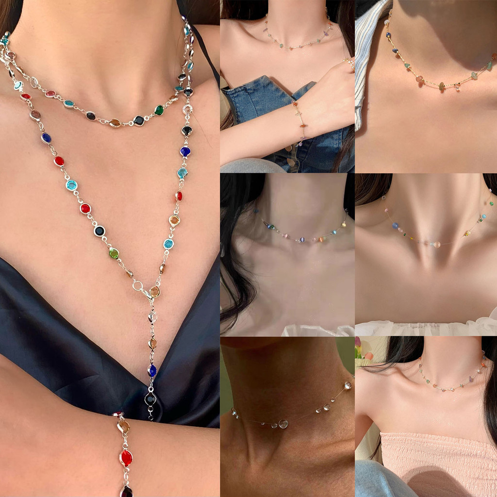 สร้อยคอลูกปัดสี Dopamine 1 ชิ้นสําหรับผู้หญิงหรูหราโซ่กระดูกไหปลาร้าอารมณ์ฤดูร้อน