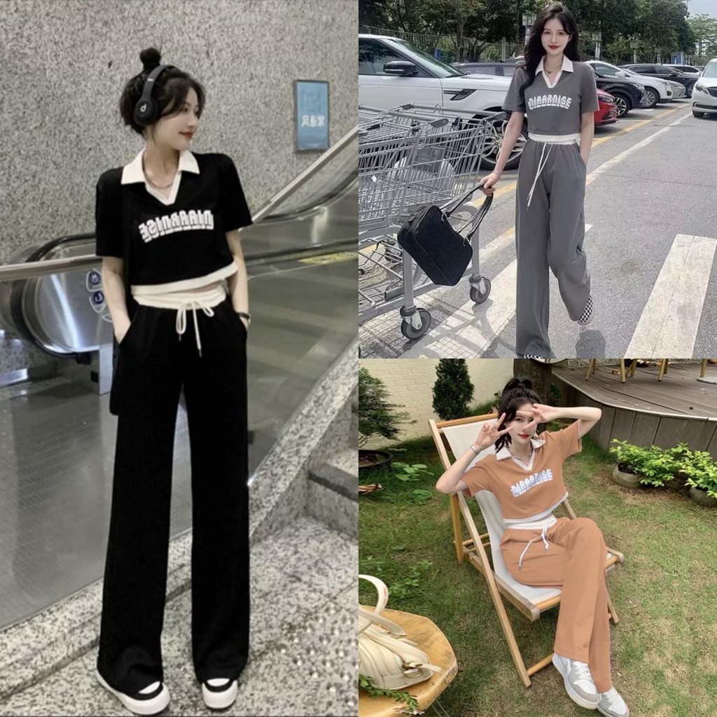 ชุดเซ็ต 2 ชิ้น เสื้อครอปคอปก S296 ผ้าวูลเวฟ กางเกงทรงกระบอก มีเชือกรูด มีกระเป๋าข้าง ชุดเซ็ตน่ารักๆ สุดฮิต พร้อมส่ง
