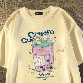 Teddy Tee🎀ชุดสาวอวบ ผ้าฝ้าย100% สวมใส่สบาย สาวอวบ เสื้อยืด oversize ยืดได้ ลาย "CREAM CUP IYI" แฟชั่น สไตล์ลำลอง