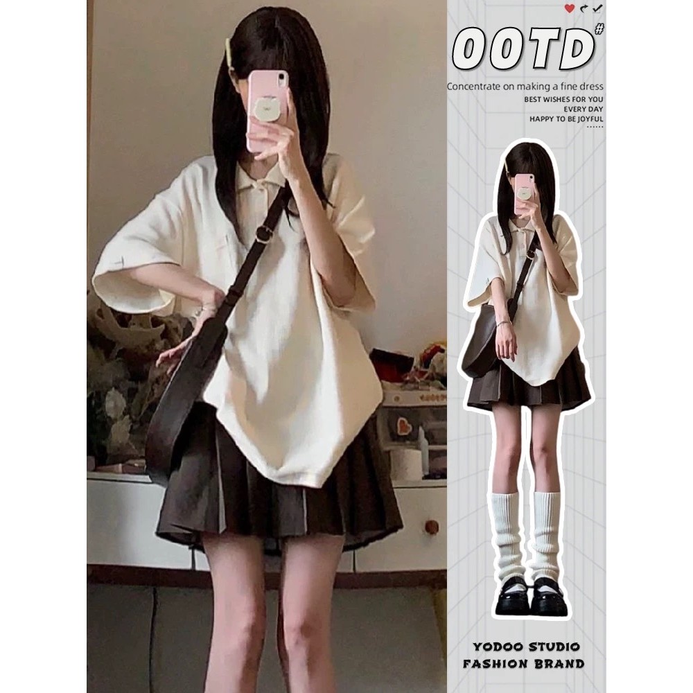 TAYCEN M-2XL เสื้อยืดโปโล แขนสั้น พิมพ์ลาย เกาหลี สําหรับผู้หญิง ธรรมดา