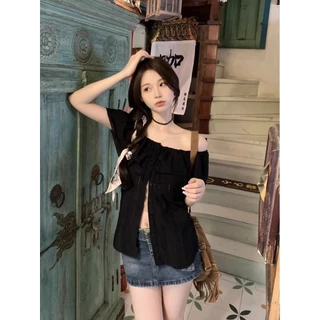 Veewink พร้อมส่ง🔥เสื้อท่อนบน เสื้อเบลาส์ผู้หญิง มีกระดุม แต่งระบาย สีพื้น สไตล์ลำลอง