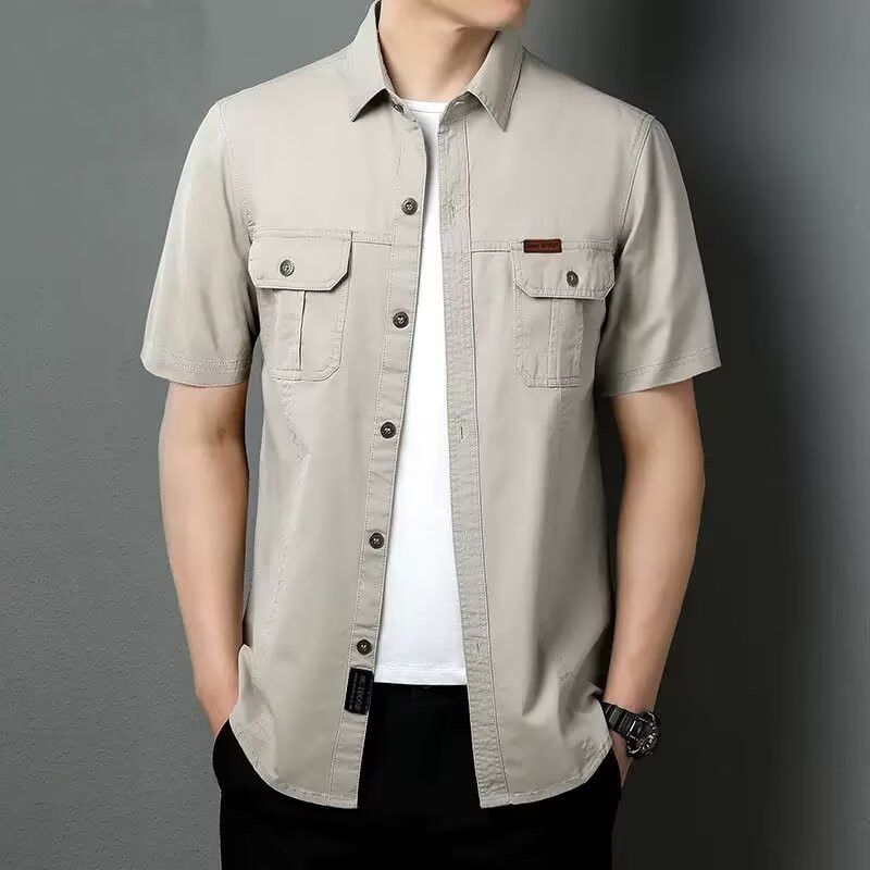 EERSHENSHI เสื้อเชิ้ตแขนสั้นลำลองสำหรับบุรุษในช่วงฤดูร้อนหลวมพอดีสไตล์ Workwear อินเทรนด์