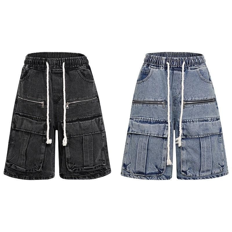 56MEN Short jeans S2401 กางเกงยีนส์ขา4ส่วน กางเกงยีนส์ชาย 4ส่วน แต่งซิป เอวยางยืด วินเทจ ทรงหลวม