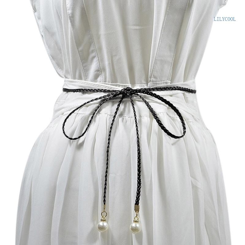 CH Vintage Bohemian Knot เข็มขัดบางสำหรับผู้หญิงสีขาบ Pearl Decors ชุดเข็มขัดแฟชั่นเอวเชือก Accessorie