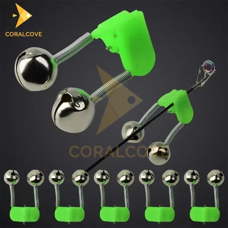 coralcoveshop ตกปลากัดสัญญาณเตือนภัยตกปลา เคล็ดลับคลิป Bells แหวนสีเขียว อุปกรณ์ตกปลาโลหะกลางแจ้ง