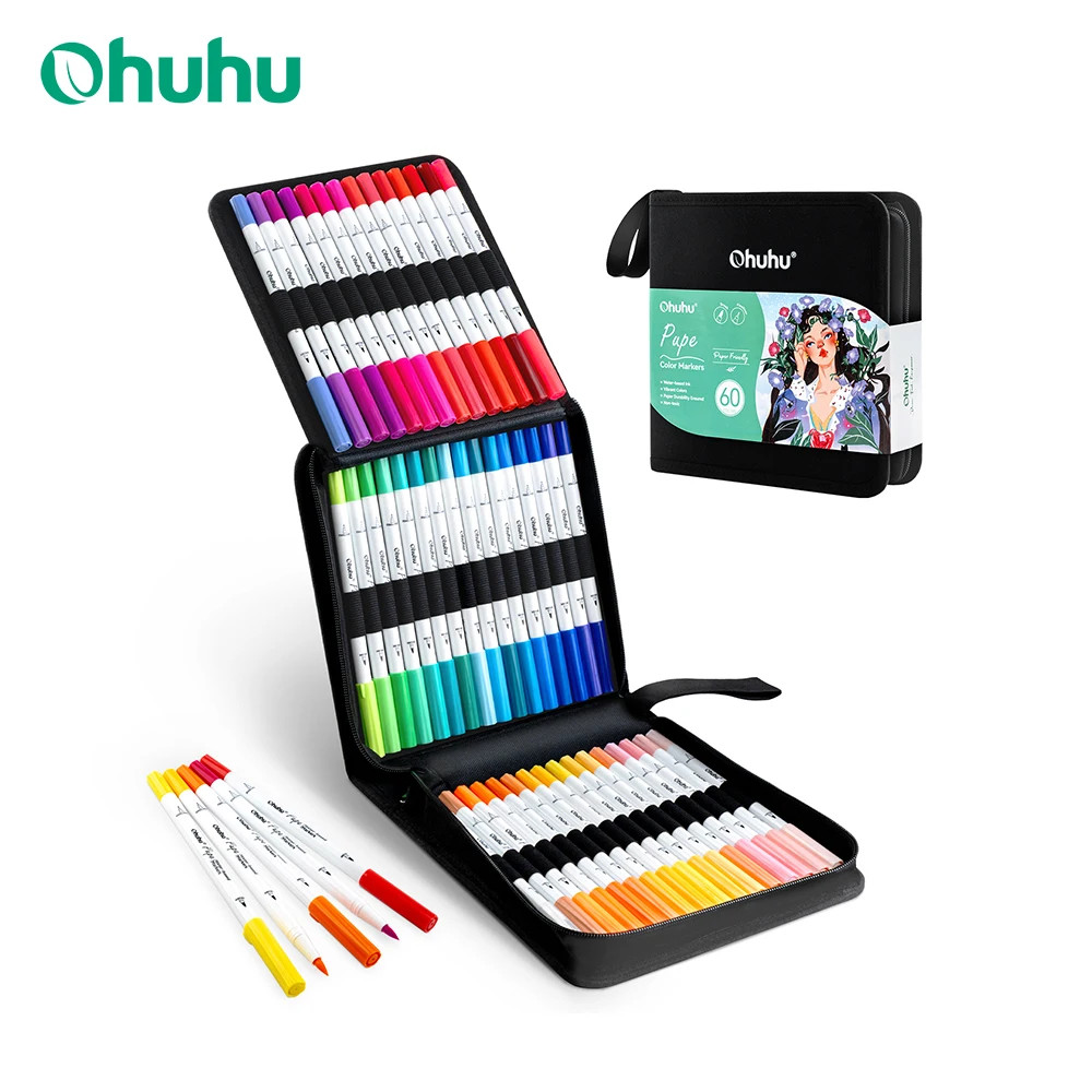Ohuhu Markers กระดาษ-เป็นมิตรกับน้ําเครื่องหมายสี Dual แปรง Fineliner เคล็ดลับเครื่องหมายสมุดระบายสี