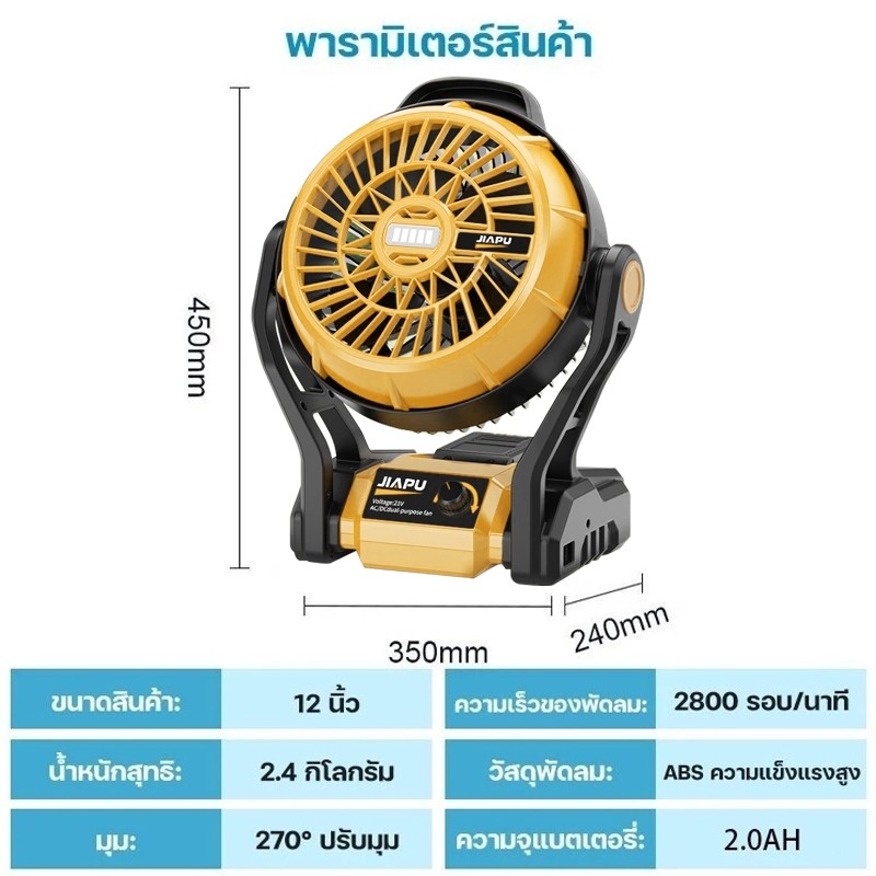 2025 Hot 12INCH พัดลมแบต 2ระบบ AC/DC ไฟ LED ไร้สาย พัดลมพกพาไร้สาย พัดลมแคมป์ปิ้ง พัดลมแบตเตอรี่ 270° ปรับมุ พัดลมชาร์จแ - รูปที่ 7