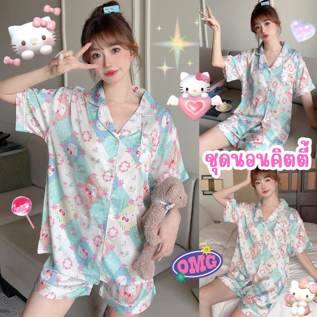 SLEEPWEAR FACTORY ชุดนอนผู้หญิง ชุดนอนแขนสั้น ชุดนอนกระดุมหน้า   S-3XL นน40-75KG ลายการ์ตูน  บางเบา ผ้าใส่สบาย W085