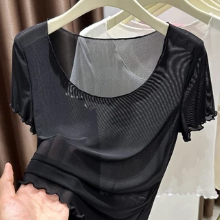 เสื้อยืดแขนสั้นคอเหลี่ยมตาข่ายผ้าไหมน้ำแข็งสำหรับผู้หญิง สไตล์สั้นกระดูกไหปลาร้าฤดูร้อน ชั้นฐานเชียร์บาง