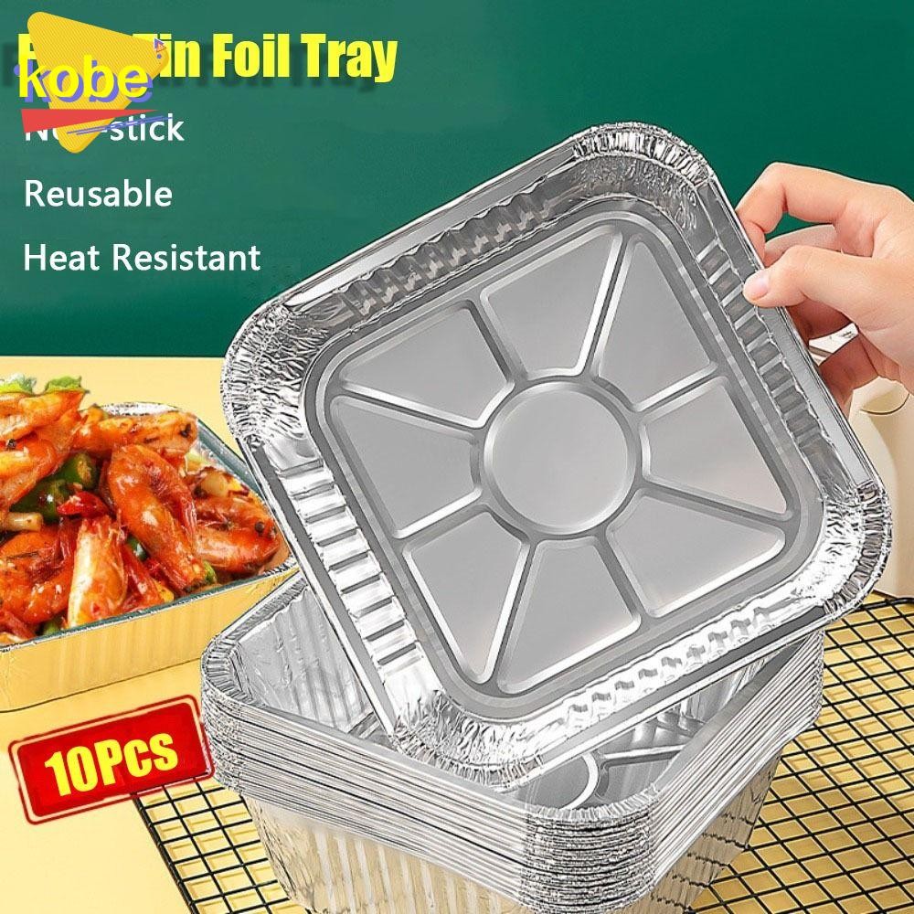 โกเบ กล่องอลูมิเนียมฟอยล์ 10 ชิ้น, เตาอบเครื่องมืออบบาร์บีคิวถาดฟอยล์ดีบุกอาหารแบบใช้ซ้ําได้, ถาดหม้อทอดอากาศแบบไม่ติดทนน้ํามันขนาด 6/7/8 นิ้ว