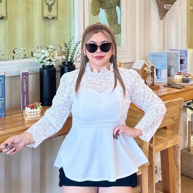 BN SPORT SHOP No.1018  เสื้อชายระบาย แต่งแขนลูกไม้ ผ้ายืดวูลเวฟ ทรงเป๊ะตามเดิม