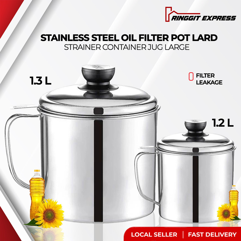 Ringgit Express หม้อกรองน้ํามันสแตนเลส Lard ภาชนะกรองเหยือกหม้อน้ํามันความจุขนาดใหญ่ใหม่ 1.2 L 1.3L