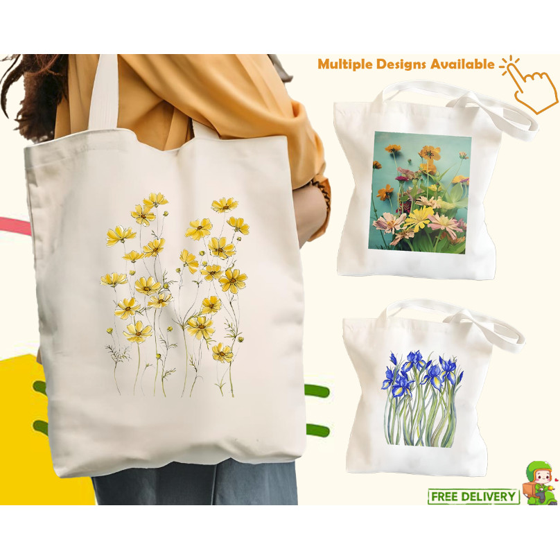 Beg Tote Kanvas Wanita / Cosmas Flowers– Canvas Bag /Beg Sandangfor School, Gym, Shopping, Beach & G