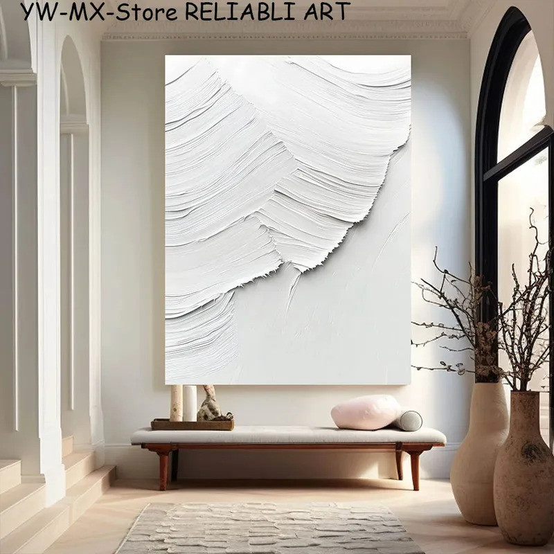 White Grey Geometric Lines Oil Painting Abstract Posters and Prints, Canvas Painting, Wall Art for L