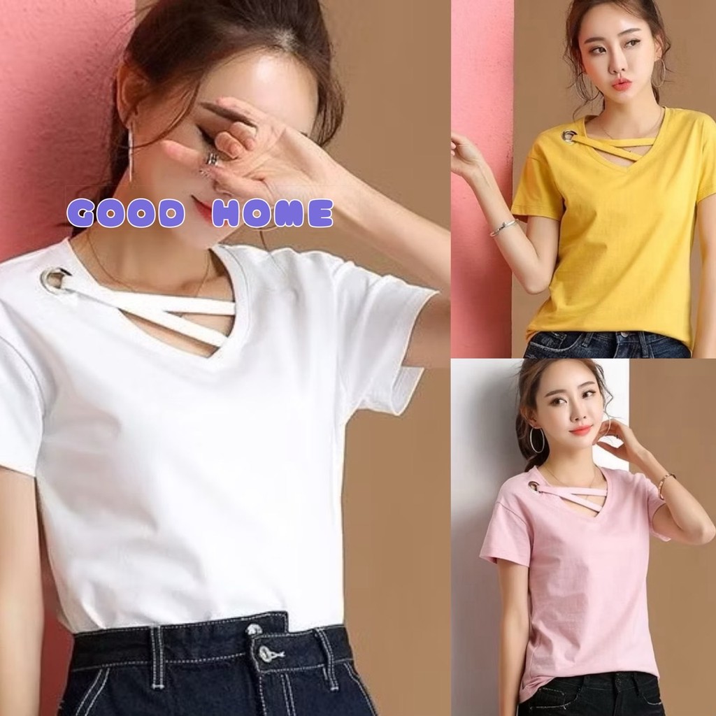 🔹พร้อมส่ง🔹เสื้อยืดคอวี ผ้านุ่ม มีไขว้ที่คอแต่งเก๋ๆ สไตล์เกาหลี #E01