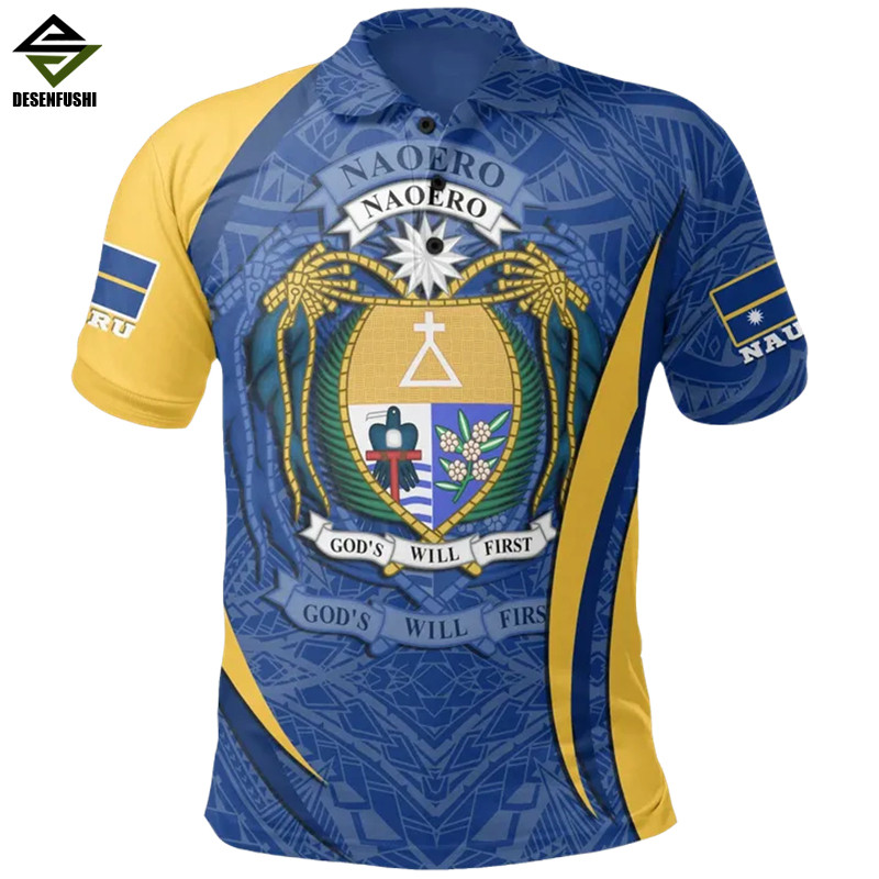 Nauru ธงแผนที่ 3D พิมพ์เสื้อโปโลสําหรับชายเสื้อผ้า Nauruan National Emblem POLO เสื้อ Casual Man แขน
