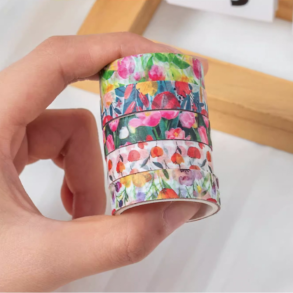 ดอกไม้ Washi เทปแพ็ค 5 ม้วนดอกไม้พิมพ์ Masking เทปพืชตกแต่งสําหรับศิลปะ DIY งานฝีมือ Journal Supplies Planners สมุดภาพการ์ดห่อของขวัญ