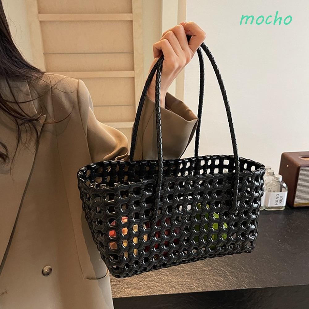 MOCHO กระเป๋าสานกลวง,สไตล์ชนบทสไตล์โบฮีเมียนกระเป๋าชายหาด,กระเป๋าถังพลาสติกน่ารักสไตล์วันหยุดผู้หญิงกระเป๋าถือ PVC วันหยุด