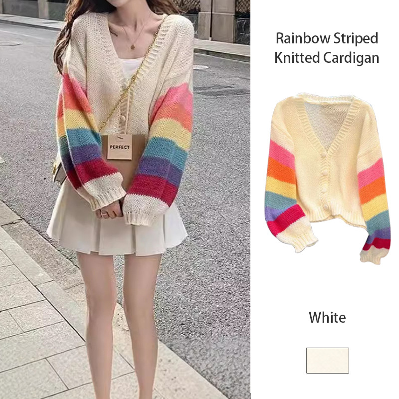 เสื้อคาร์ดิแกนถักลายทางสีรุ้ง เสื้อคาร์ดิแกนถักหวานๆ สำหรับผู้หญิง เสื้อแจ็คเก็ตสั้นหลวมๆ สุดเทรนด์