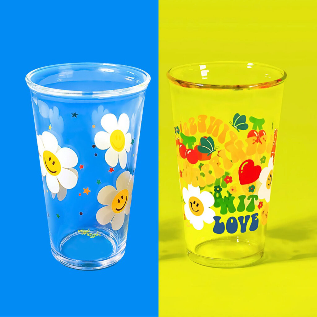 (รอ 14วัน) Wiggle x Glasslock / Glass Cup 500ml / แก้วใส ลายดอก