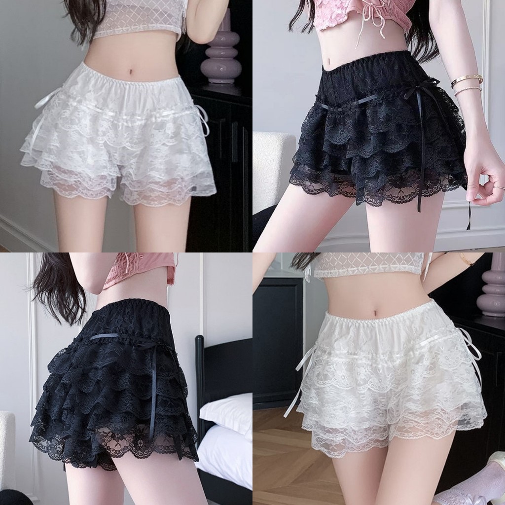 🍋Evelyn🍋กางเกงขาสั้น เงสม๊อคยืด สีพื้น ดีเทลลูกไม้ แต่งชั้นๆ casual shorts ผ้าใส่สบาย สไตล์เกาหลี ทรงสวย