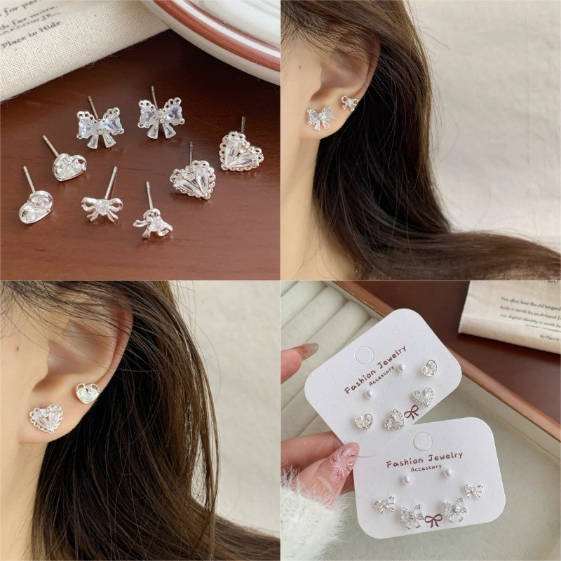 6 ชิ้น/ล็อตมินิน่ารักลูกไม้เงิน Bowknot Stud ต่างหูหู Studs อุปกรณ์เสริม