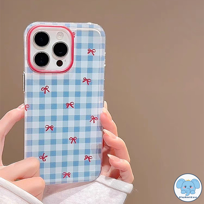 เคสใสลายสก็อตสีน้ำเงินแดงผูกโบว์น่ารัก เข้ากันได้กับ IPhone 11 13 15 16 12 14 Pro Max 8Plus XS X XR Max 7 8 1614 Plus – โปรปัง