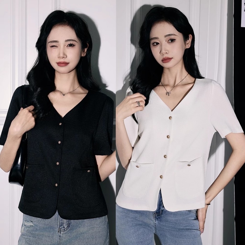 Suysuy พร้อมส่ง เสื้อคลุม แขนสั้น ทรงคอวี รุ่นติดกระดุม งานผ้าฝ้าย มีกระเป๋าหน้าสองข้างแต่งกระดุม ใช้งานได้จริง