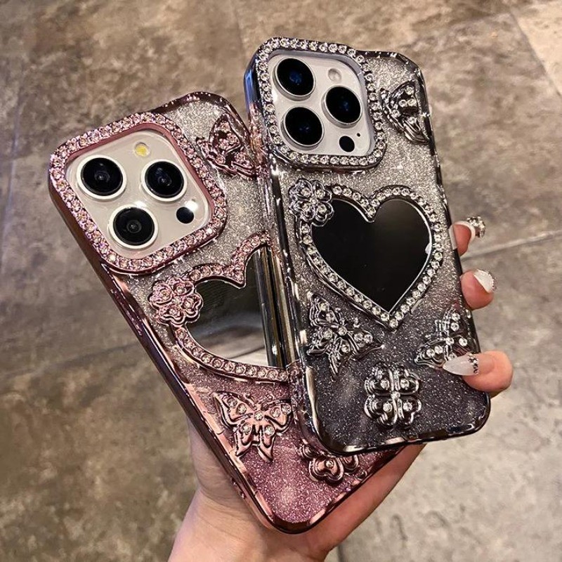 หรูหรา Electroplate ผีเสื้อ Glitter เพชรสําหรับ iPhone 16 15 14 13 12 Pro Max โปร่งใสหัวใจ Make Up ฝาครอบกระจก